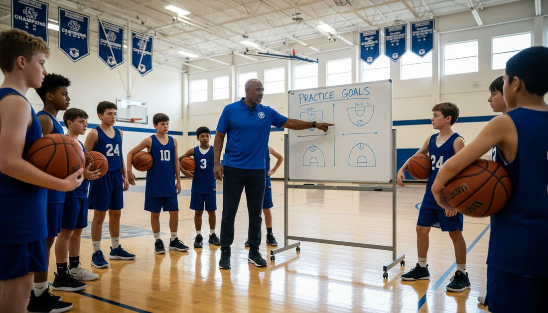 Coach explaining basketball practice goals to team