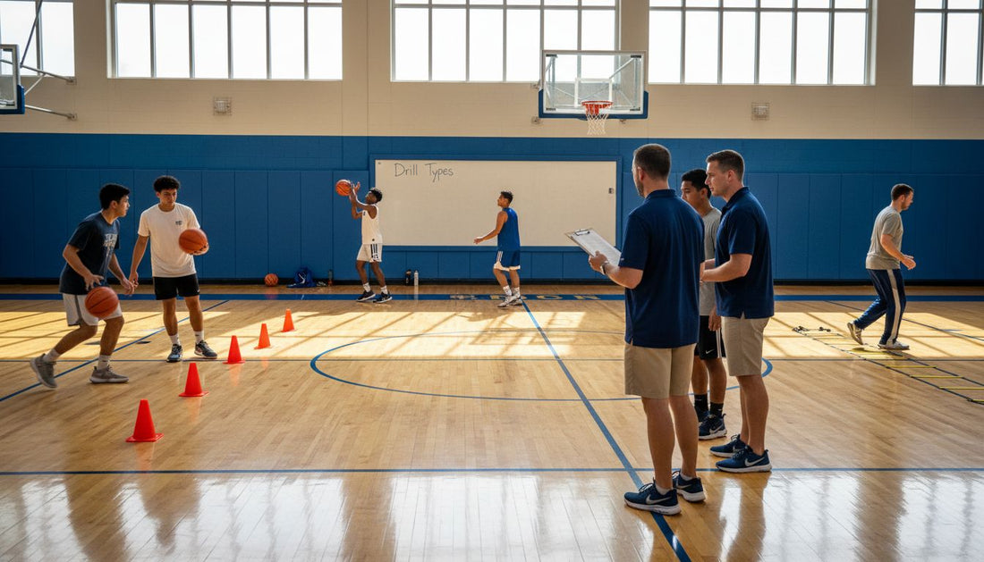 Basketball players practicing multiple training drills