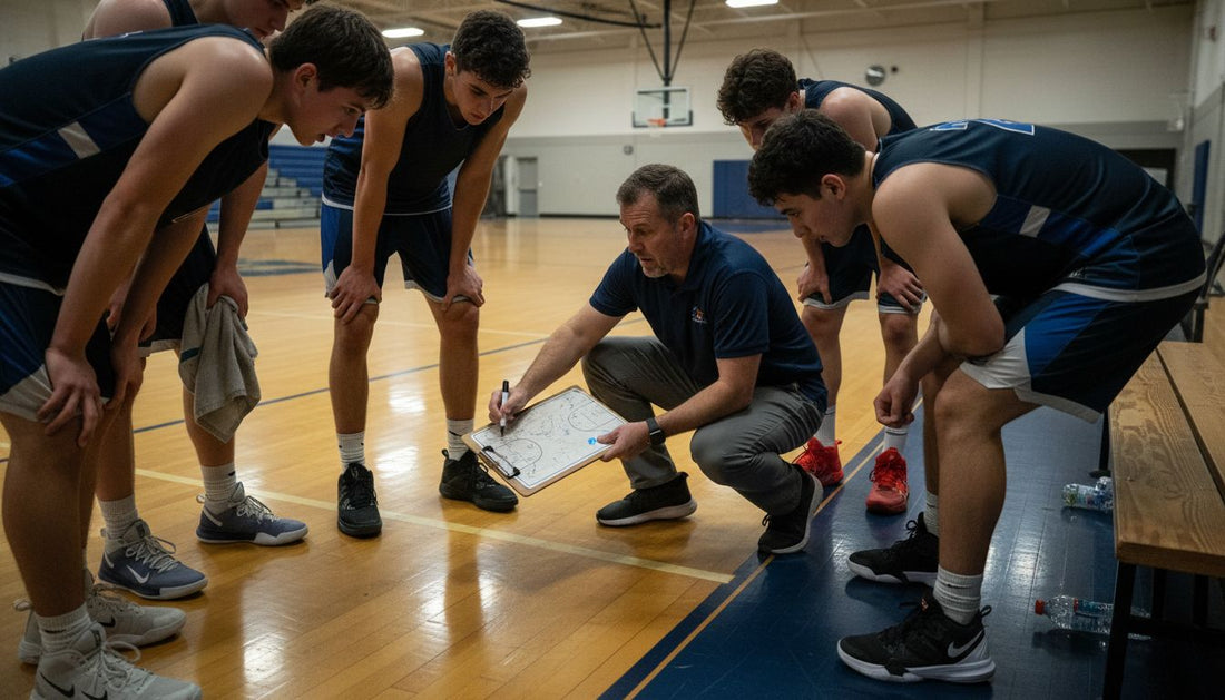 Basketball coach huddles with team timeout