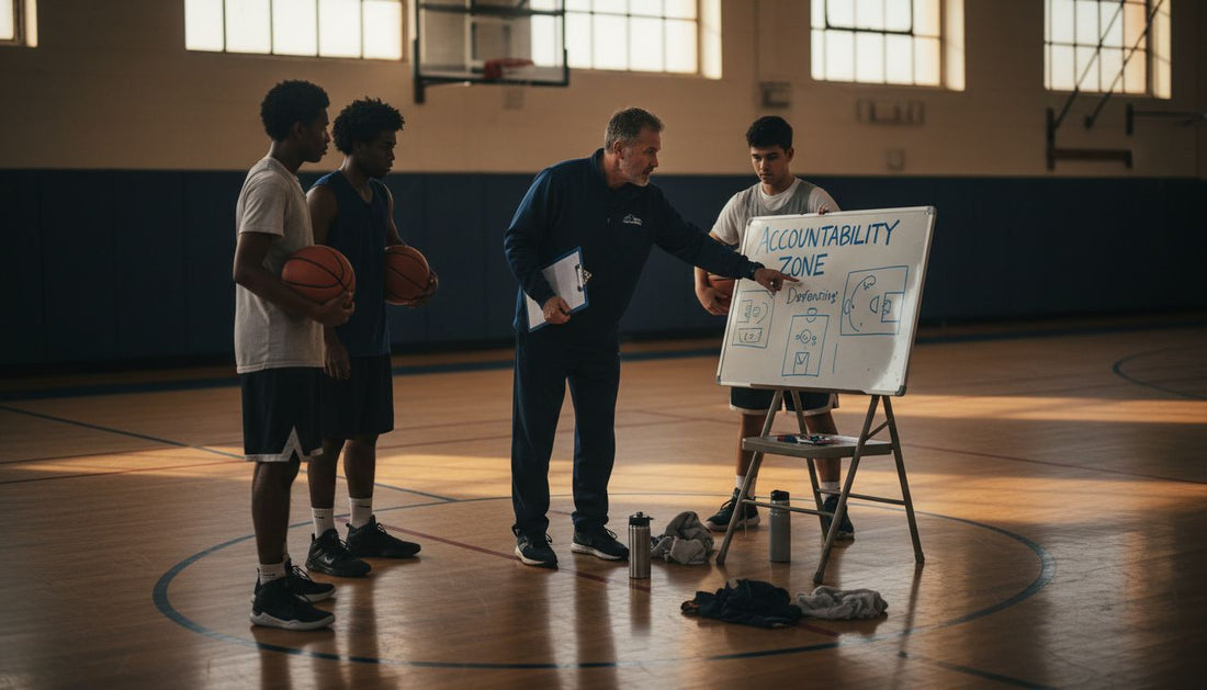 Coach leads basketball team accountability huddle