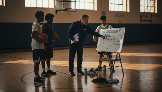 Coach leads basketball team accountability huddle