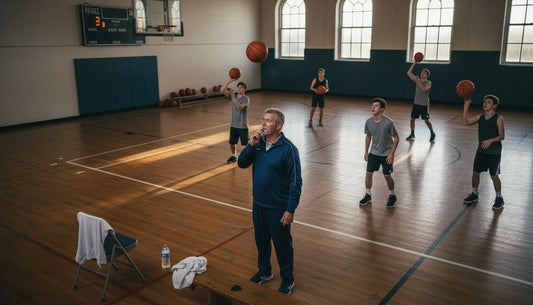 Basketball coach watching players practice shots