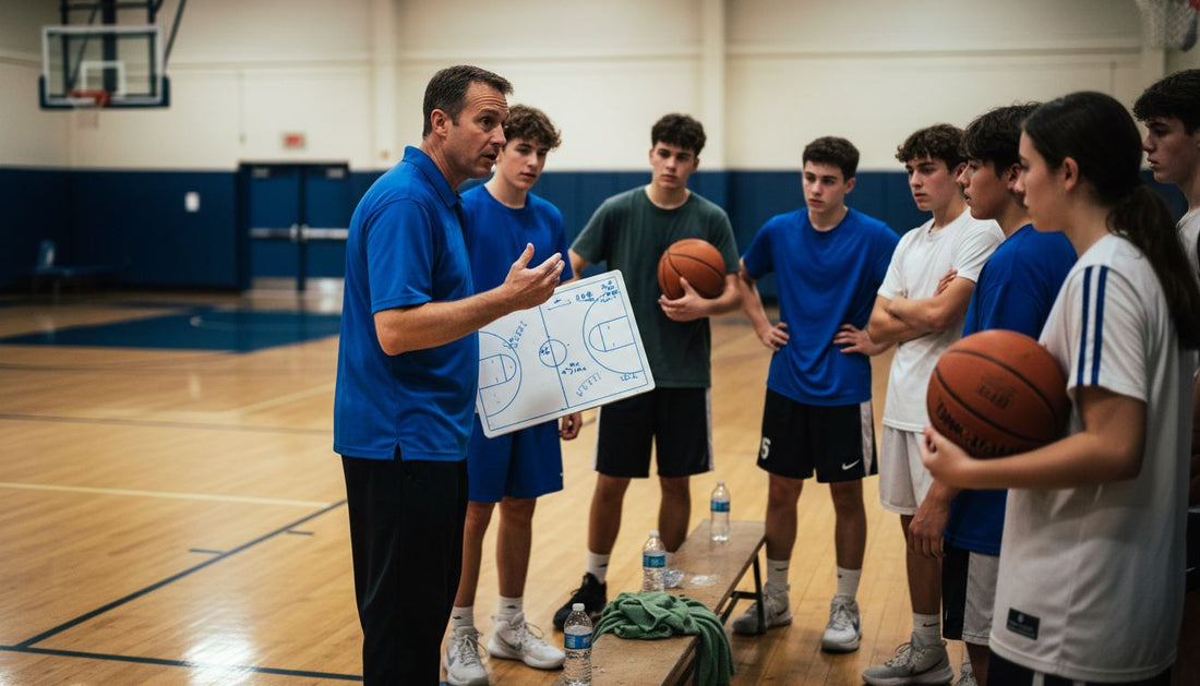 Coach teaching shot selection at basketball practice