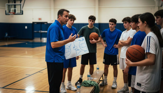 Coach teaching shot selection at basketball practice