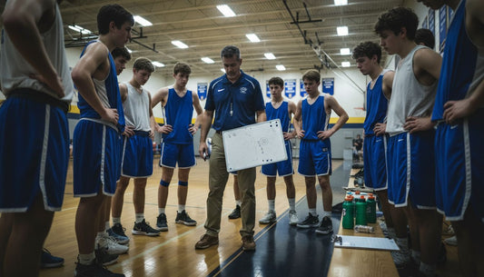 Basketball coach outlining defensive strategy to players