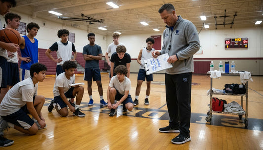 Coach teaching basketball press defense in gym