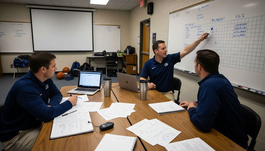 Coaches reviewing basketball analytics in film room