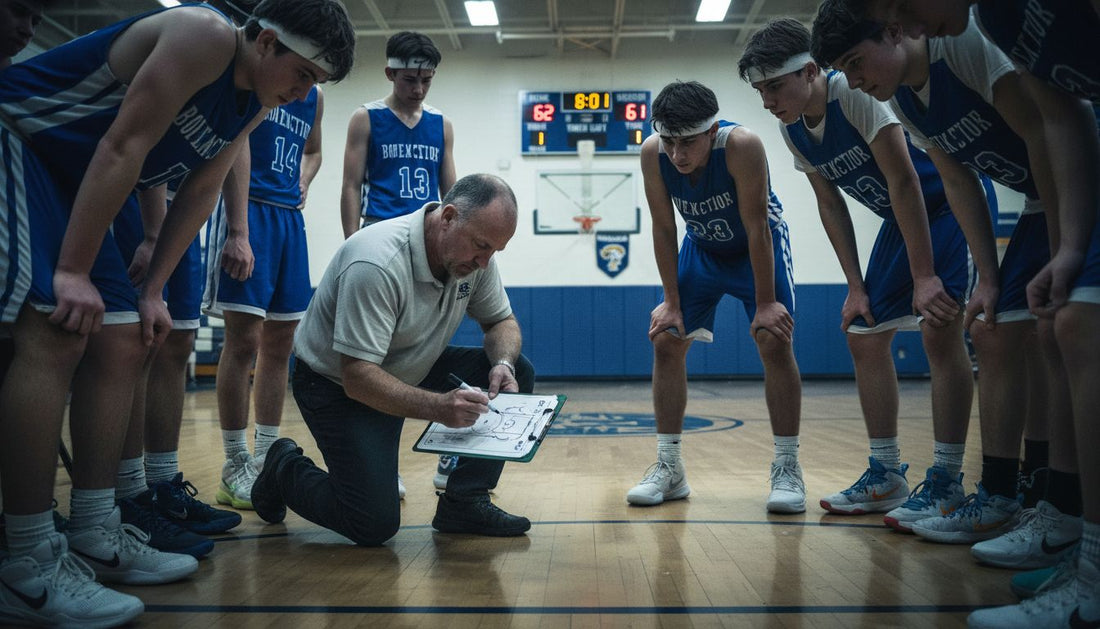 Coach drawing play during basketball timeout huddle