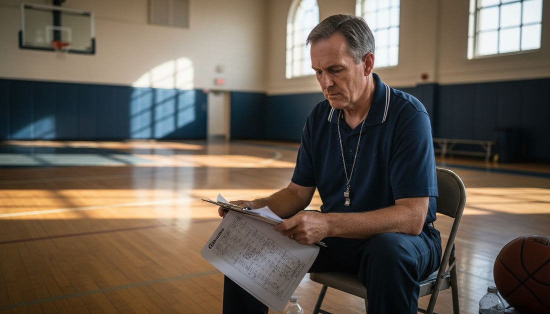Coach courtside reviewing basketball shot charts