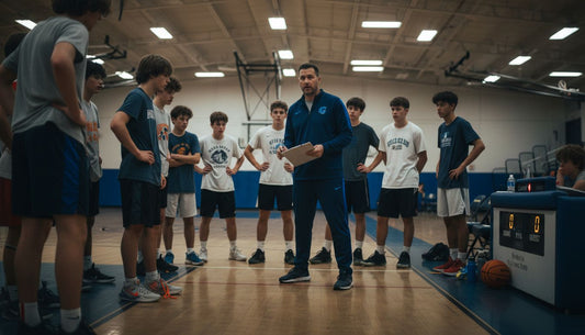Coach instructs young basketball players in gym
