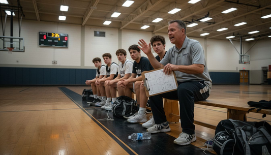 Basketball coach addressing confused team in gym