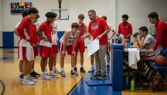 Basketball team gathers with coach in huddle