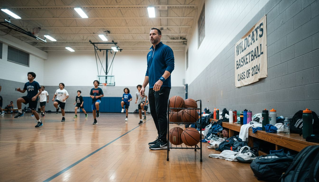 Coach leads basketball team dynamic warmup