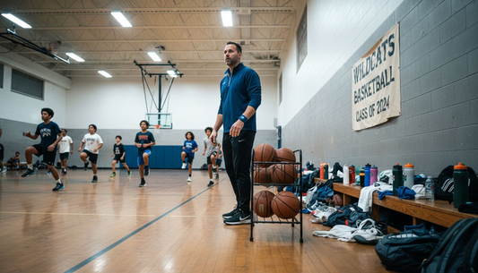 Coach leads basketball team dynamic warmup