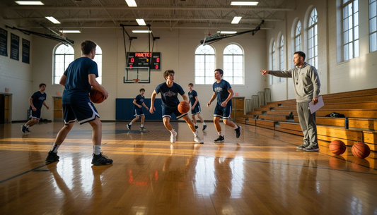 Team running basketball offensive set at practice