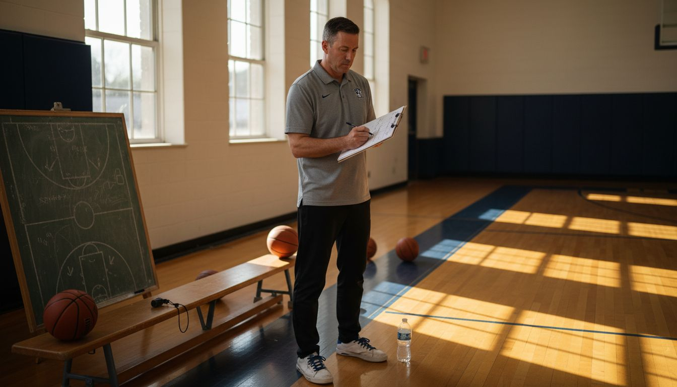 Coach writing basketball plays clipboard gym