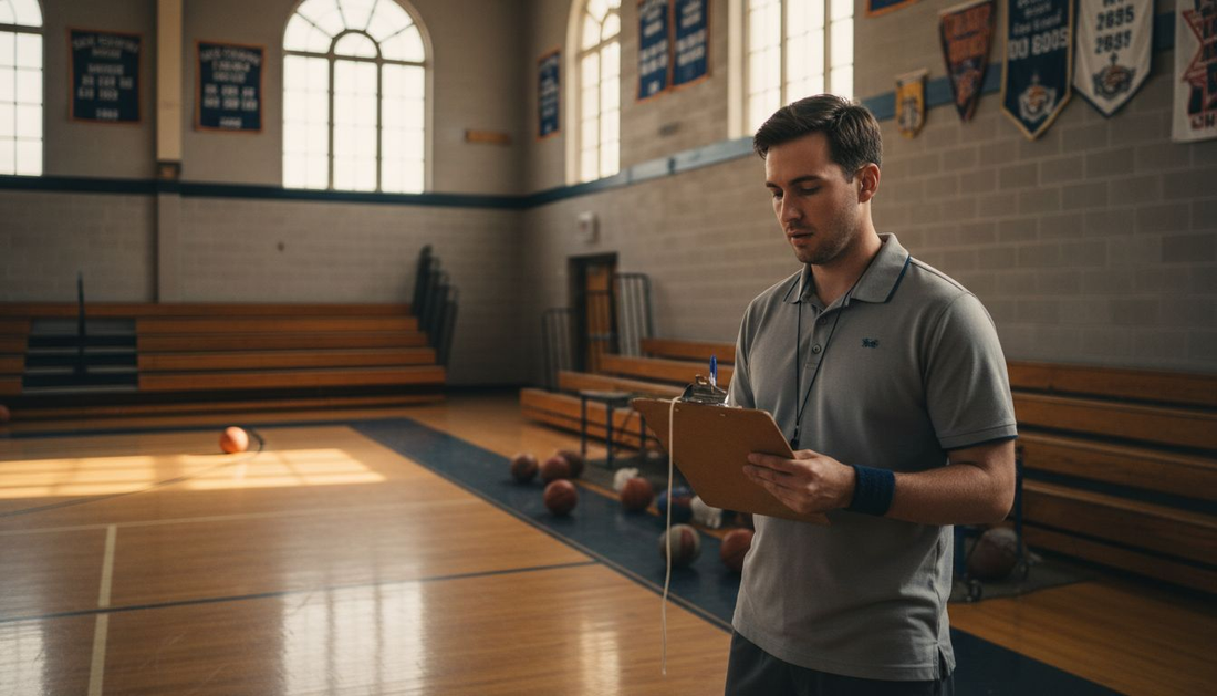 Basketball coach with clipboard on gym court