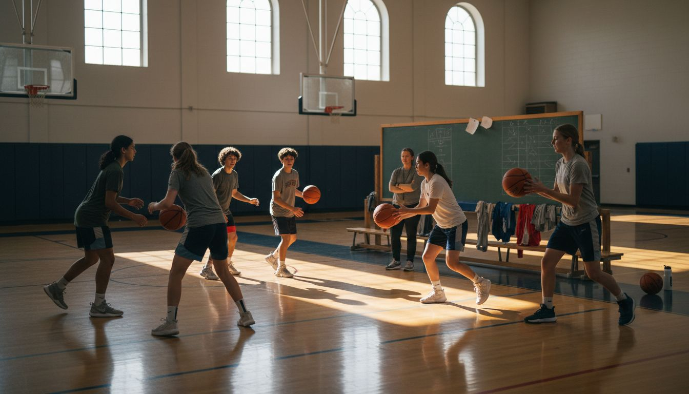Basketball team practicing together in gym
