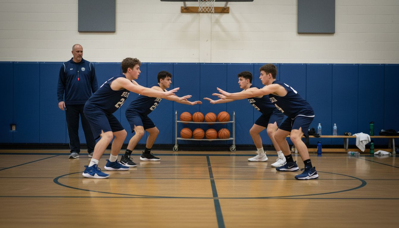 Basketball team practicing shell drill defense