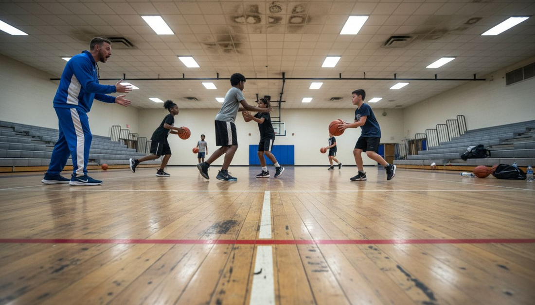 Kids practicing basketball warm ups in gym