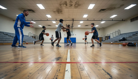 Kids practicing basketball warm ups in gym