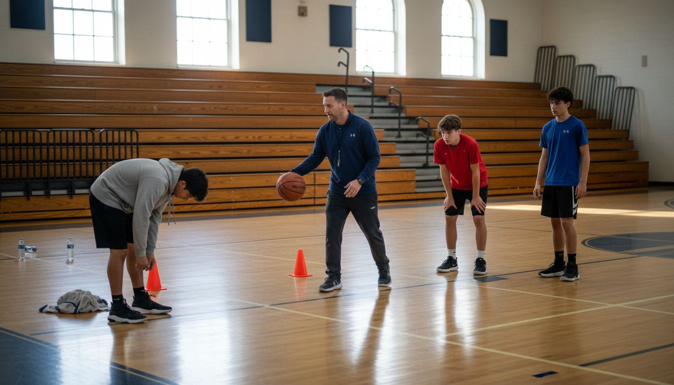 Coach teaching basketball skills in gym