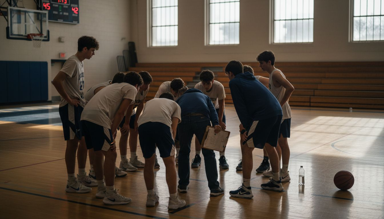 Basketball team huddling mid-court with coach