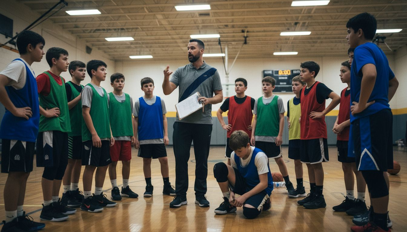 Youth basketball coach explaining play to team