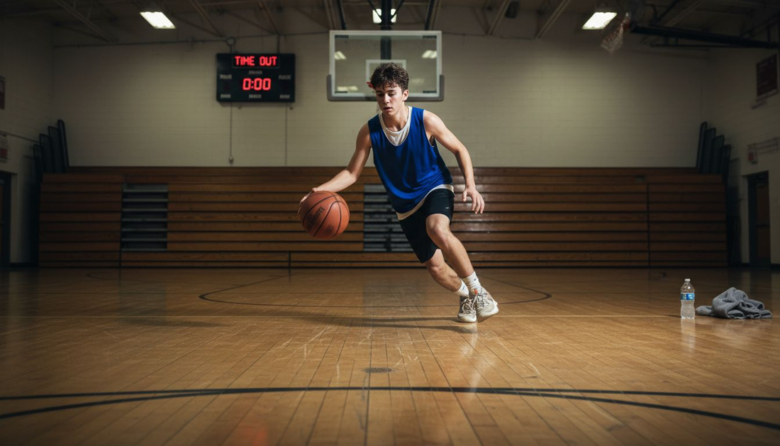 Basketball player dribbling for a layup