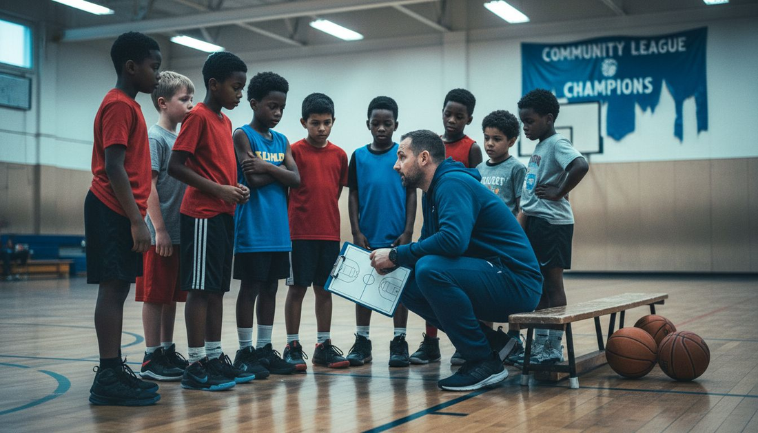 Coach instructing youth basketball team in gym