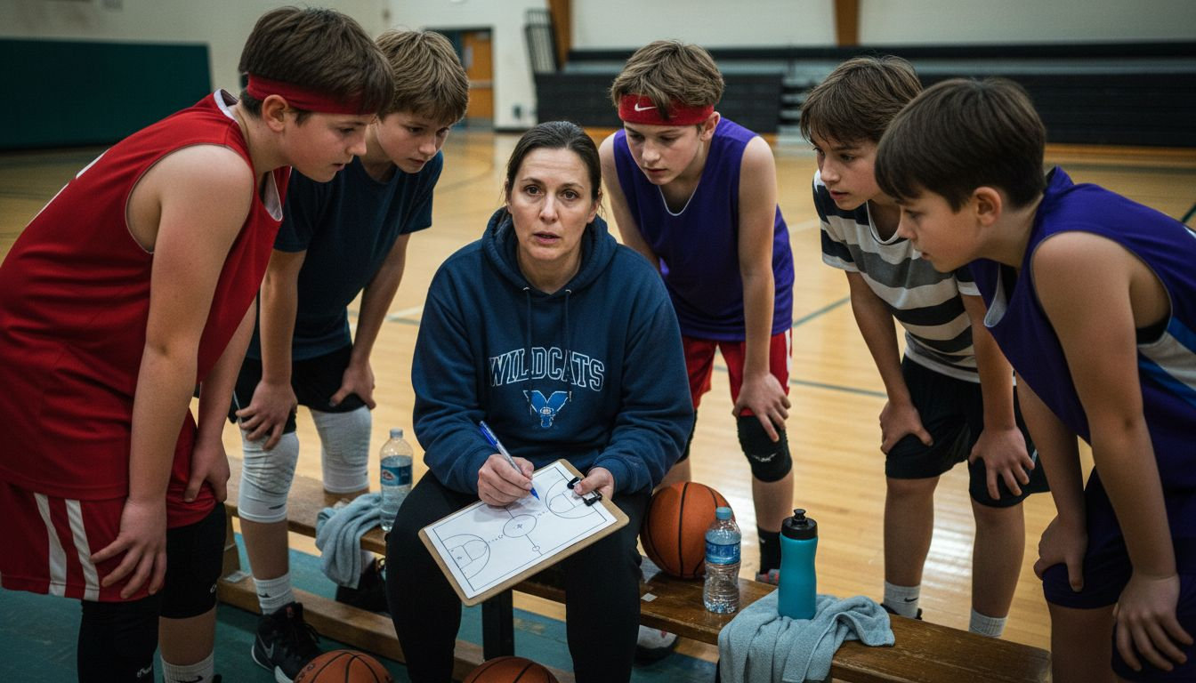 Youth basketball coach leads teamwork huddle