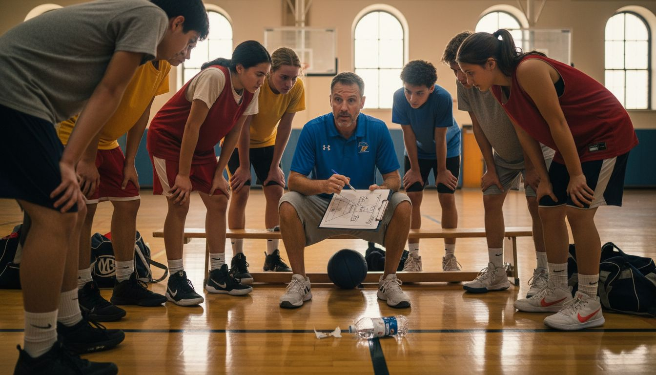 Coach teaching defense principles to basketball team