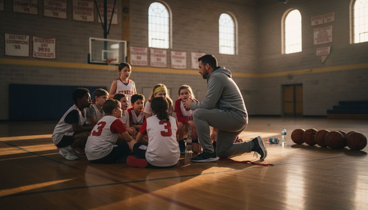 Youth basketball team huddled with coach in gym