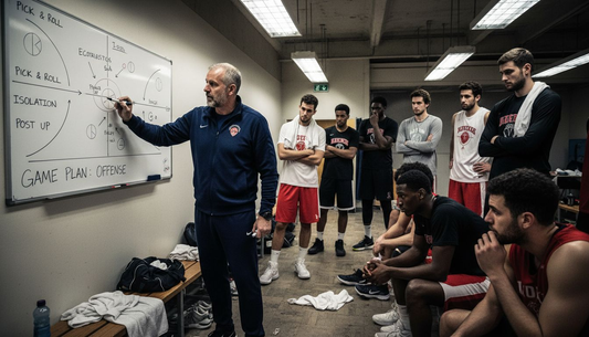 Coach leading basketball team strategy talk