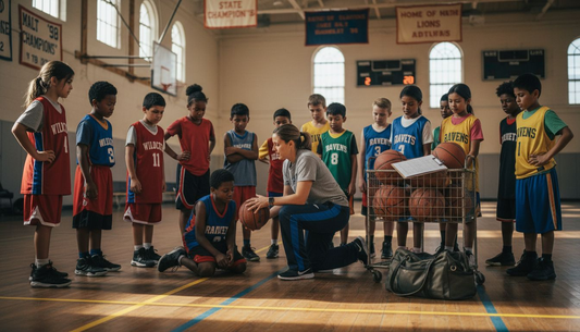 Youth coach teaching basketball in gym