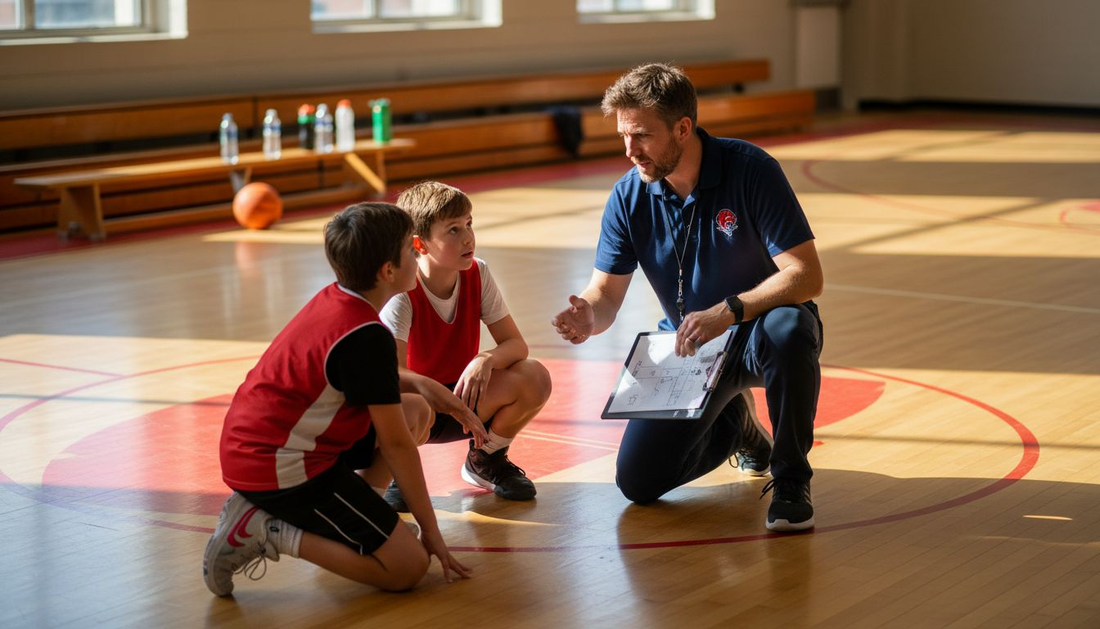 Coach teaching youth players ball screen offense