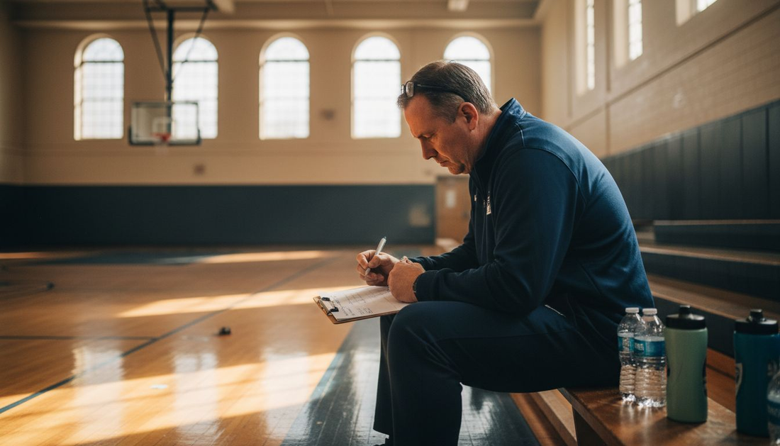 Coach reviewing scouting report courtside