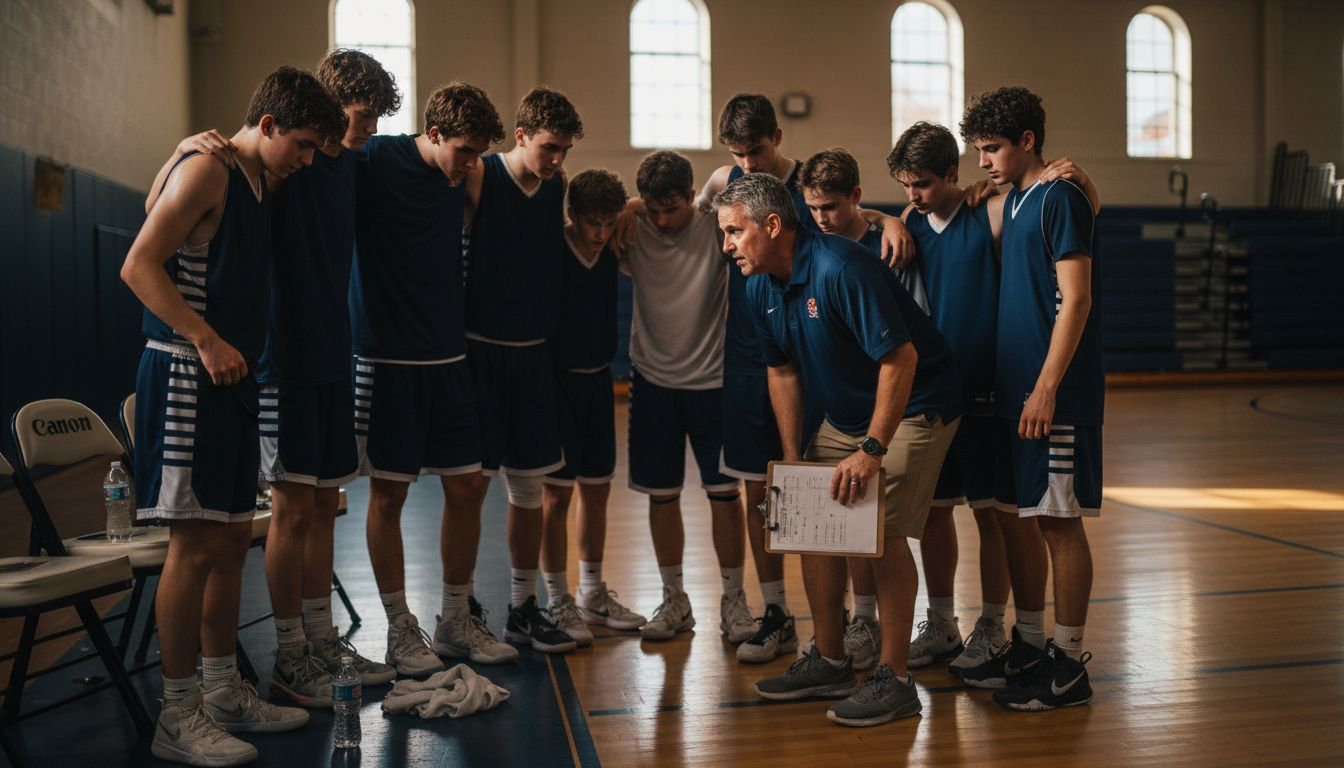 Basketball team huddle by gym bench