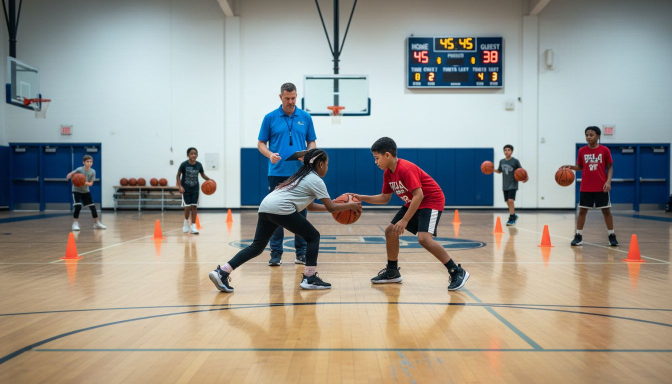 Youth basketball team drills with coach in gym