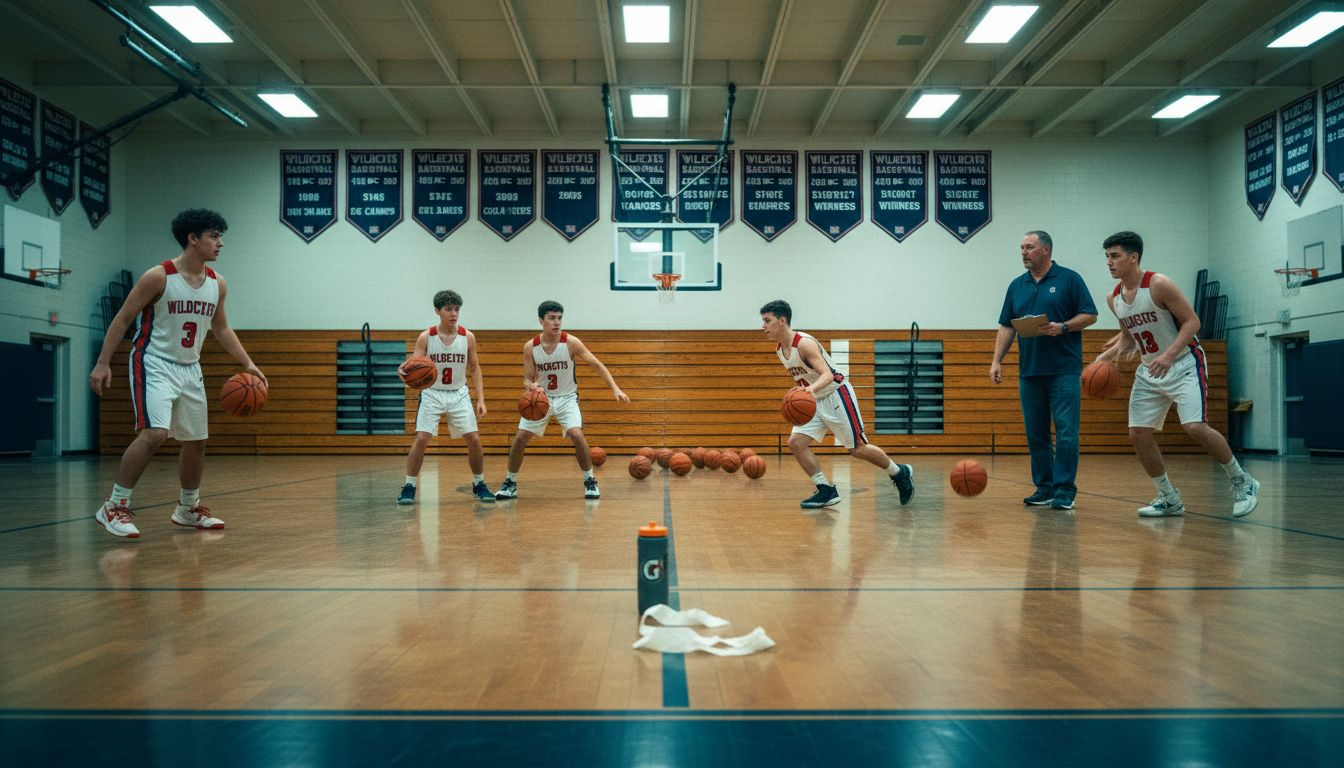 High school basketball team training in gym