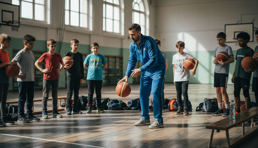 Coach teaching kids basketball in gym
