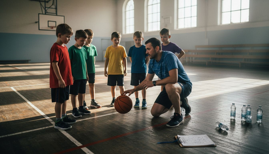 Coach teaching ball handling to youth players in gym