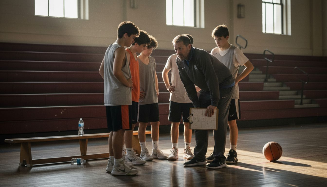 Coach instructing youth basketball players in gym