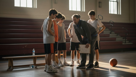 Coach instructing youth basketball players in gym