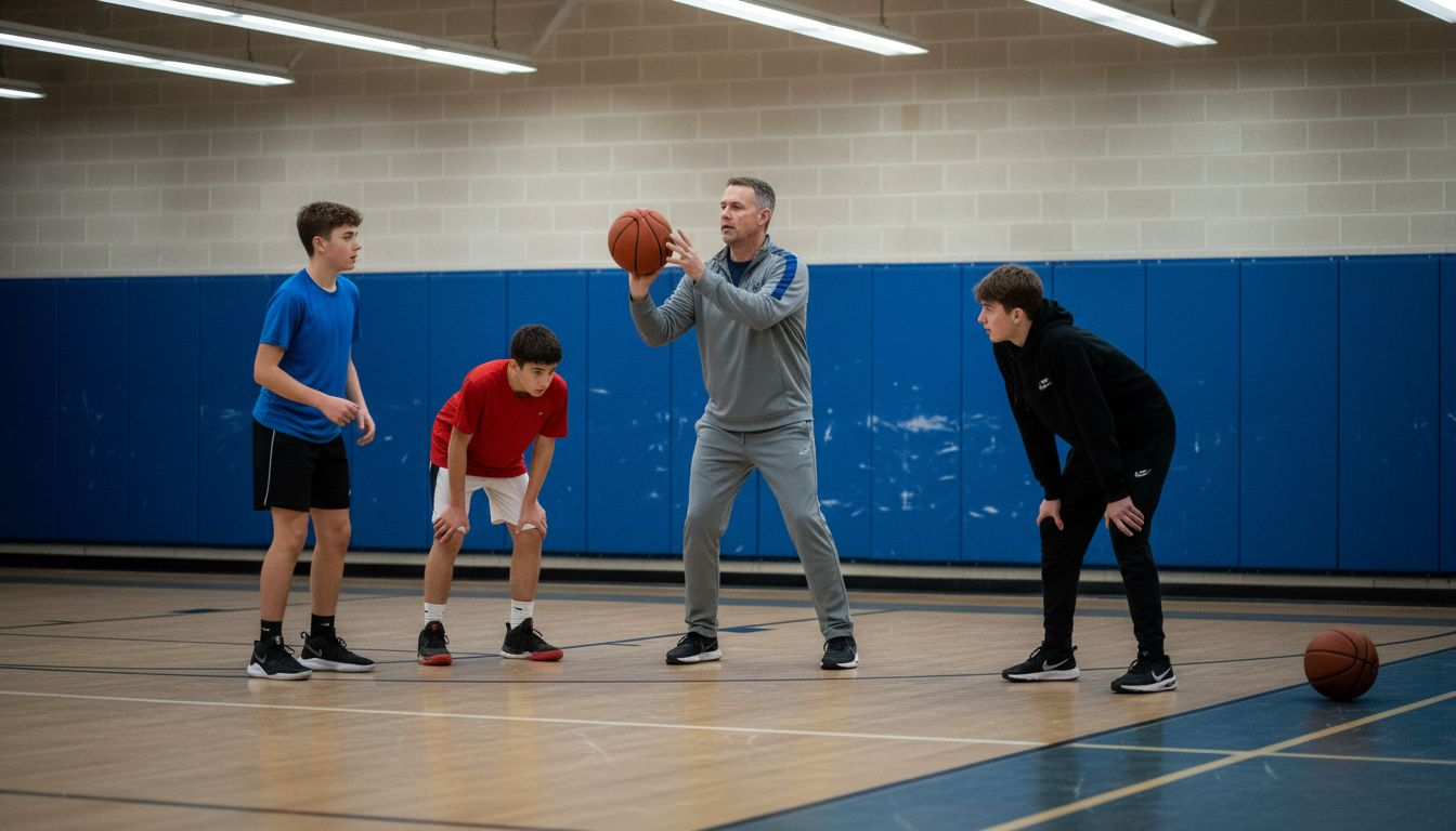 Coach showing players basketball shooting form