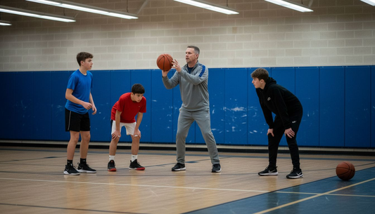 Coach showing players basketball shooting form