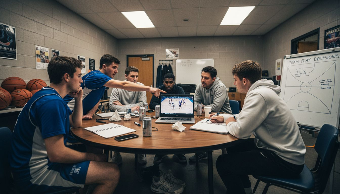 Basketball team analyzing game strategy together