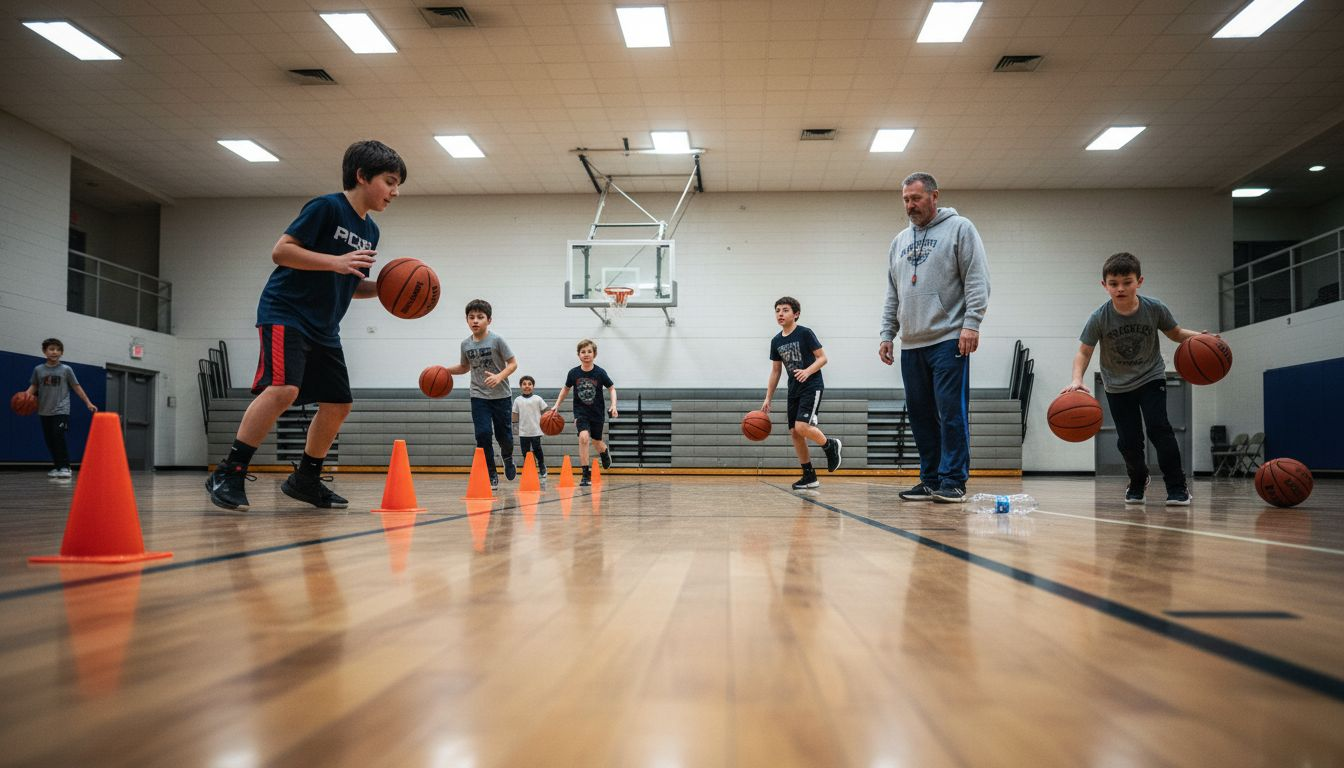 Youth basketball players practice team ball handling drills