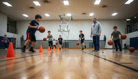Youth basketball players practice team ball handling drills