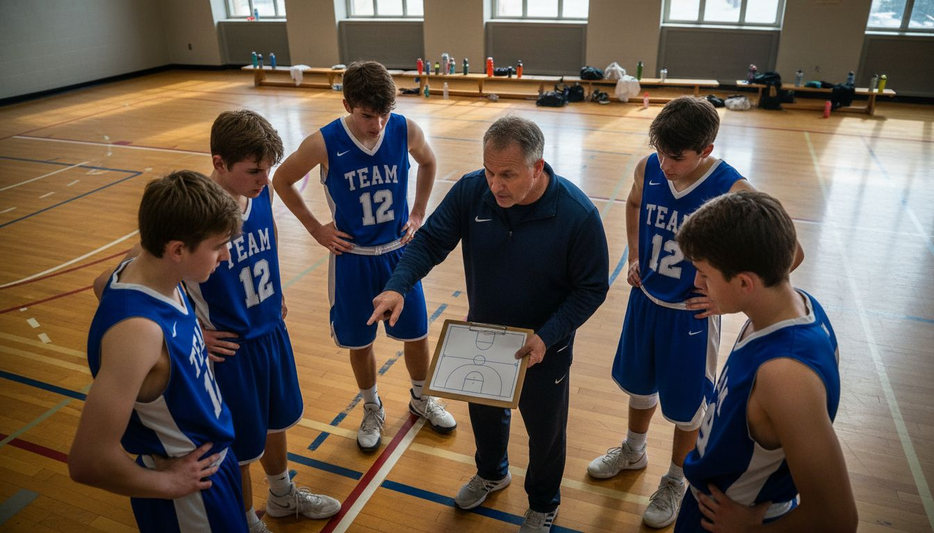 Basketball team and coach discussing plays